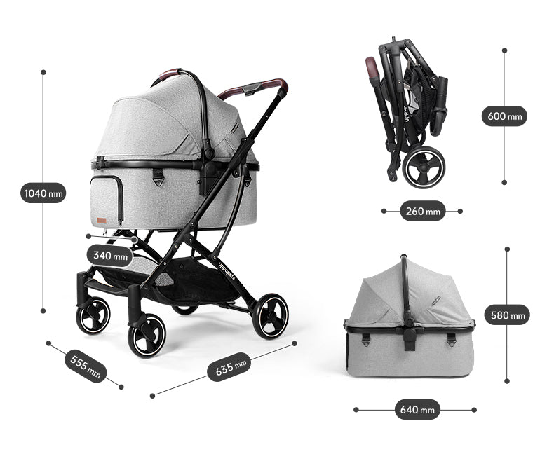 Japan Uppapets High View Double Open Convertible Pet Stroller Aroa Plus｜One Car with Three-Purpose Separate Basket｜Elegant Gray 